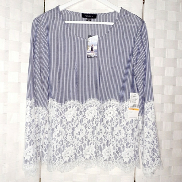 Karen Kane Chambray Stripe Lace Top - Picture 3 of 11